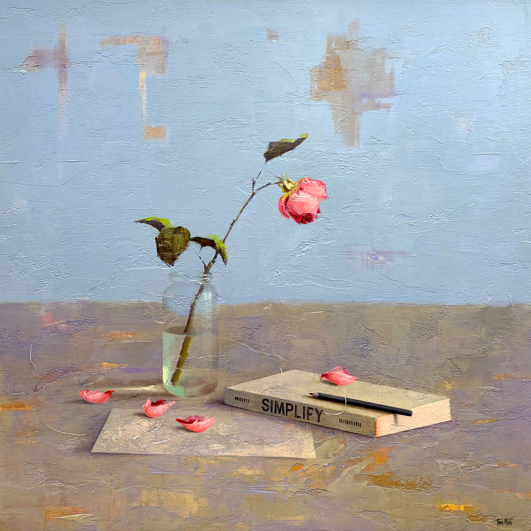 realism still life in oil textured painting single rose flower in glass with book simplify and pencil on blue background