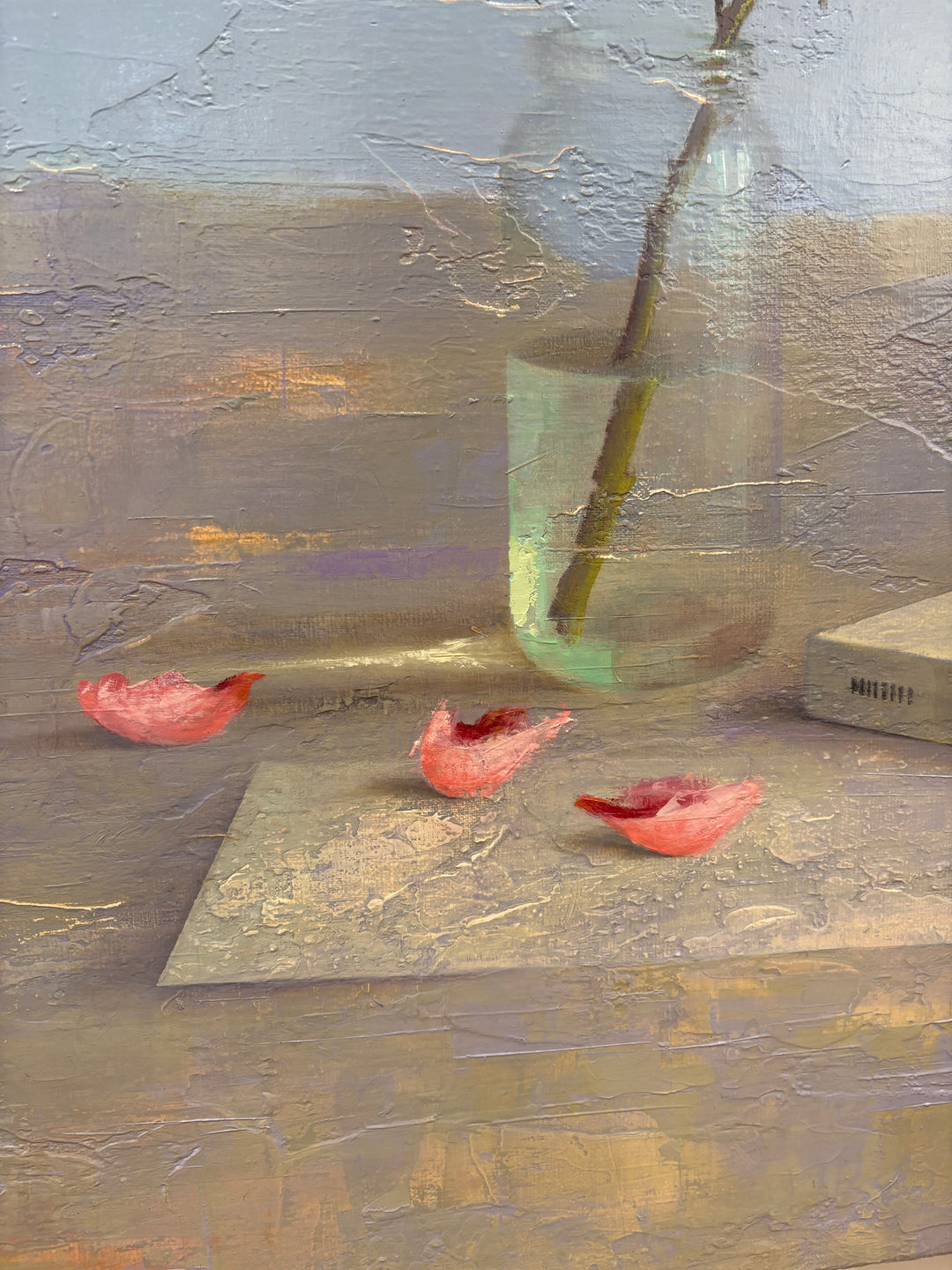 realism still life in oil textured painting single rose flower in glass with book simplify and pencil on blue background