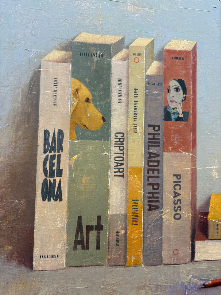 books stacked still life art history picasso fake news barcelona and pencil realism blue background textured oil painting