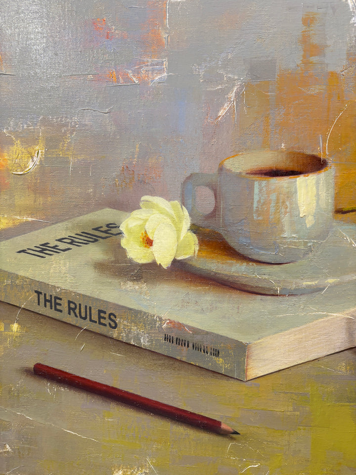 still life realism oil painting with book coffee glasses flower and pencil on surface in blue and green textured surface 