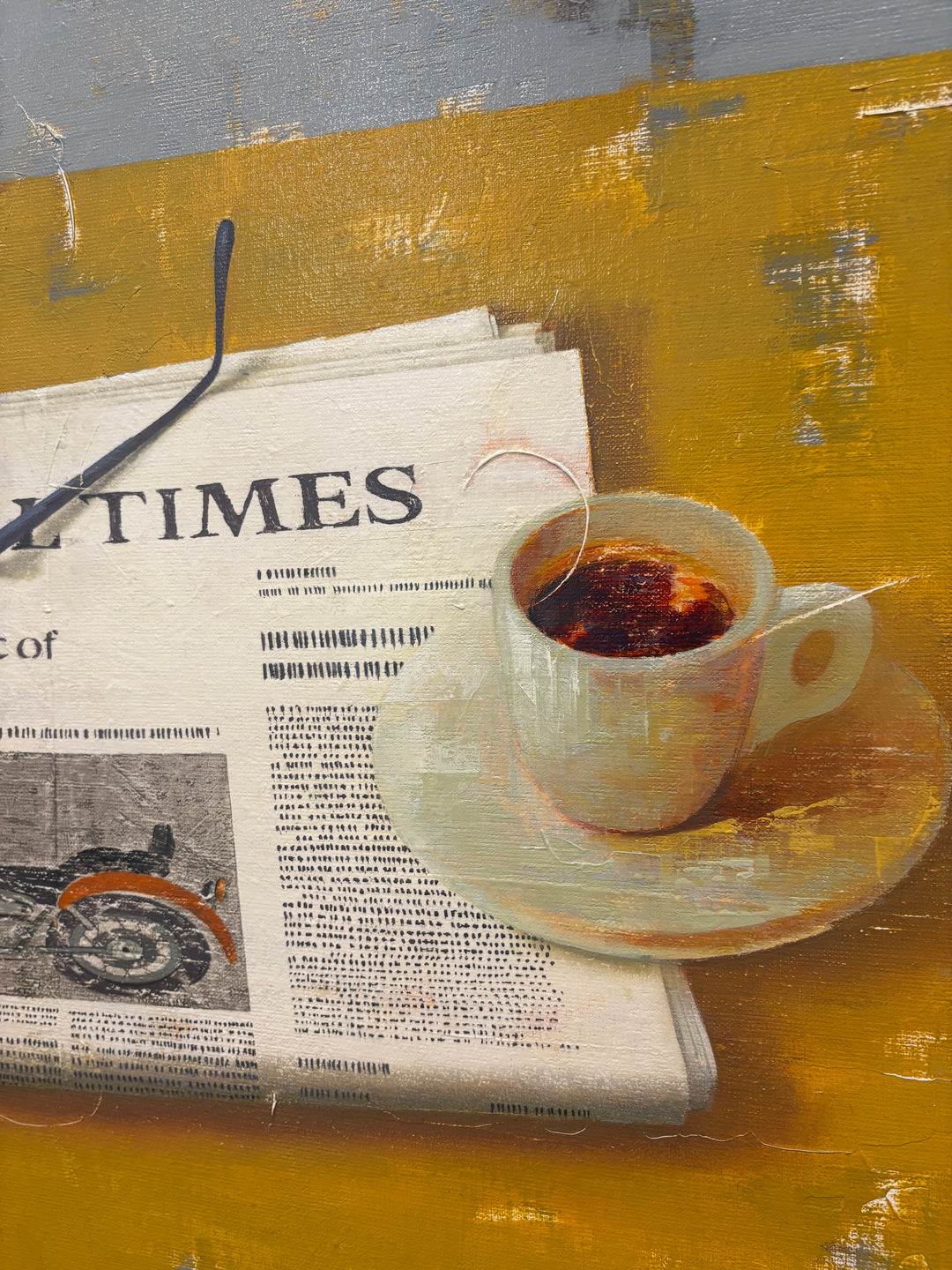 still life observational realism painting with newspaper and motorcycle glasses coffee and pencil on yellow and blue textured oil background