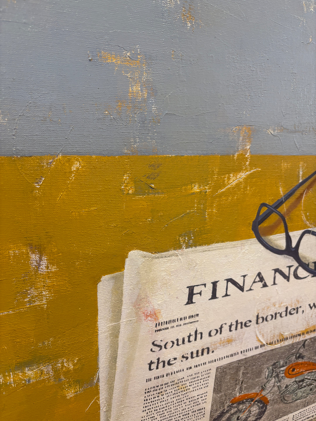 still life observational realism painting with newspaper and motorcycle glasses coffee and pencil on yellow and blue textured oil background