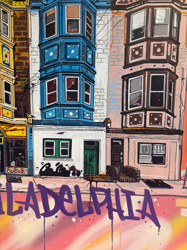 graffiti urban style illustration cartoon building philadelphia cityscape landscape graphic markers and acrylic in bright bold color 