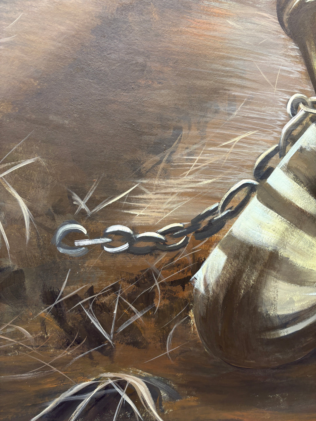 black slave prisoner man figurative portrait with chains in field dark and gloomy acrylic painting in browns and blues