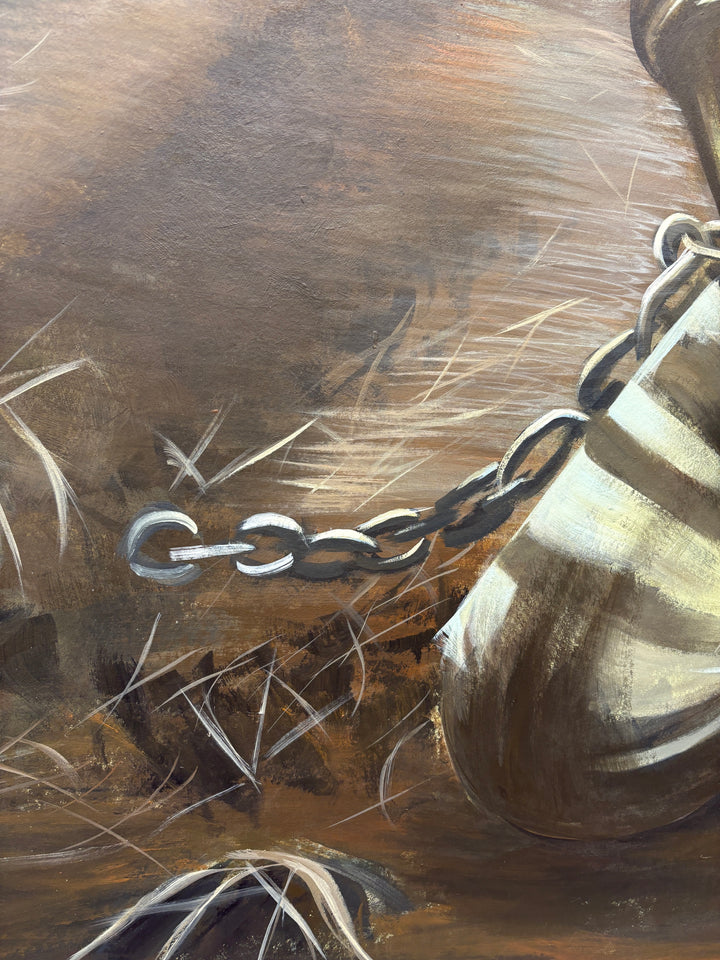 black slave prisoner man figurative portrait with chains in field dark and gloomy acrylic painting in browns and blues