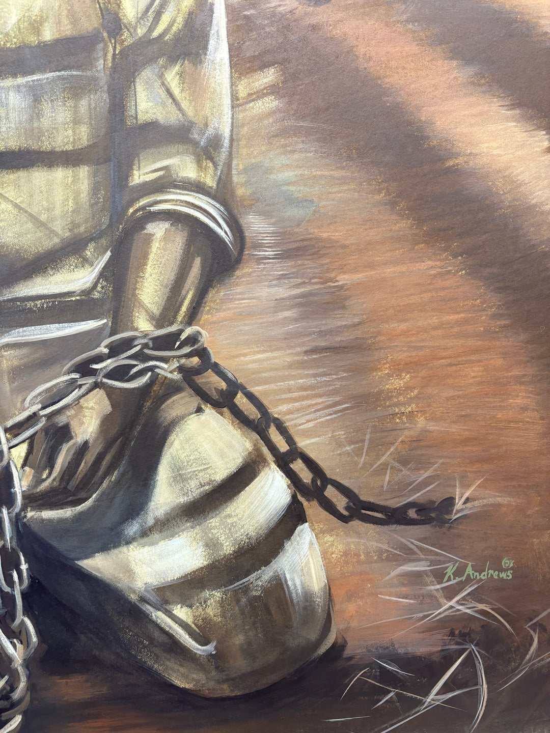 black slave prisoner man figurative portrait with chains in field dark and gloomy acrylic painting in browns and blues