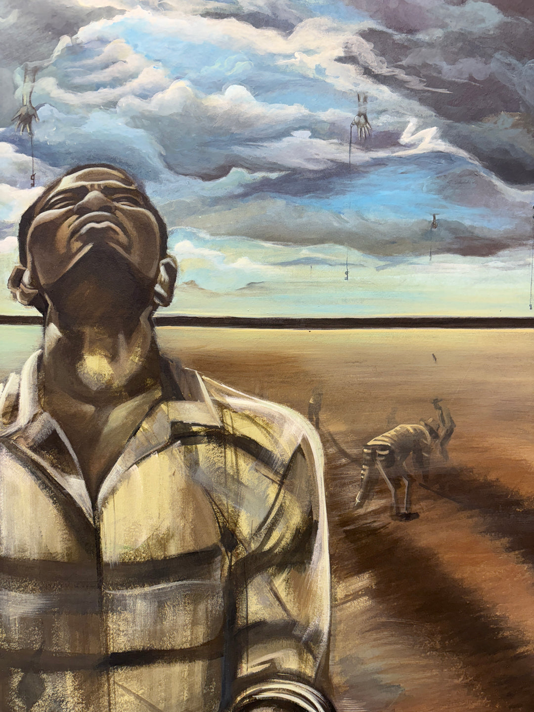 black slave prisoner man figurative portrait with chains in field dark and gloomy acrylic painting in browns and blues