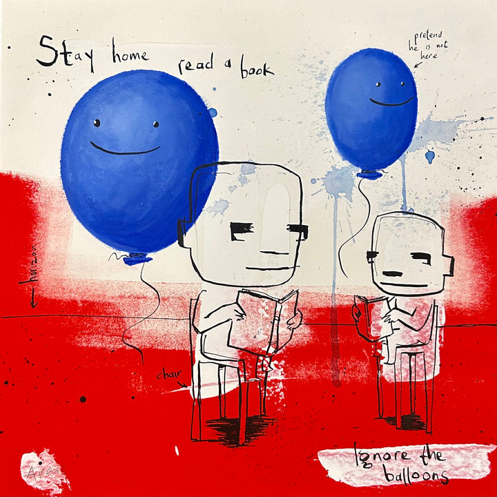 Two figures seated in front of two blue balloons and a white and red background. 