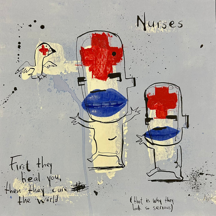 Two figures with blue lips and two red crosses on their foreheads stand in front of a blue background with a bird.