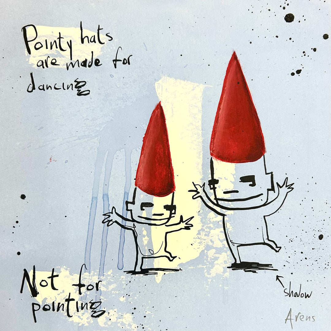 Two figures in red hats in motion together, black and blue splotches on paper, and writing