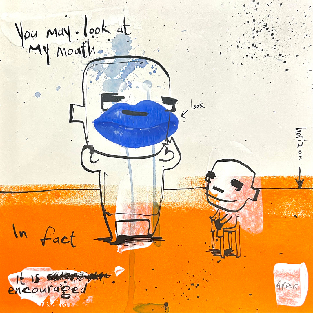 One standing figure with blue lips and one figure seated in front of a white and orange background with writing.   