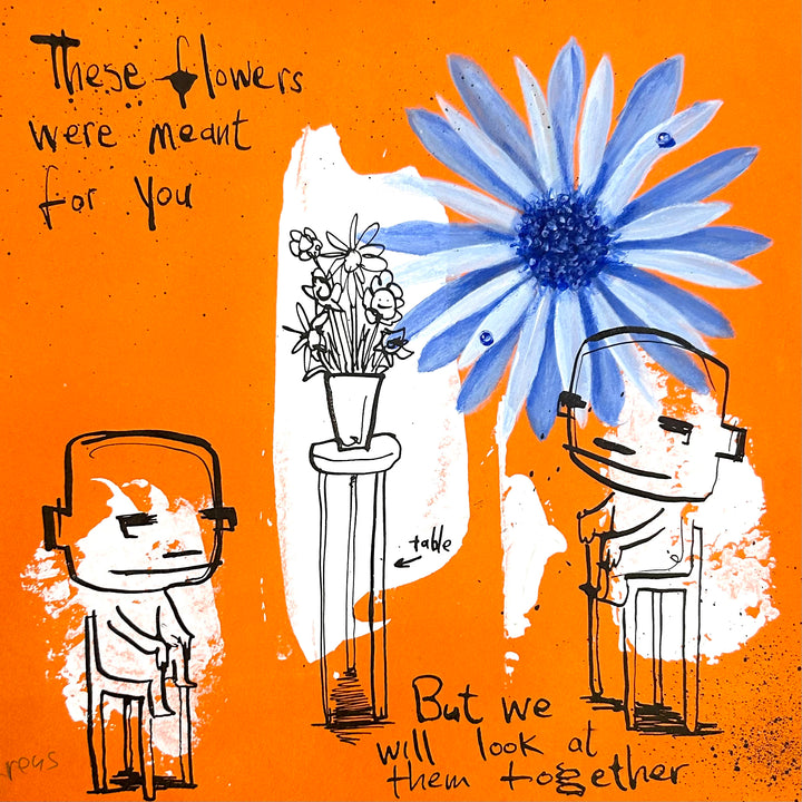 Two figures seated in front of an orange background with writing. A pot of flowers is between the two figures and a blue flower lays behind the rightmost figure.