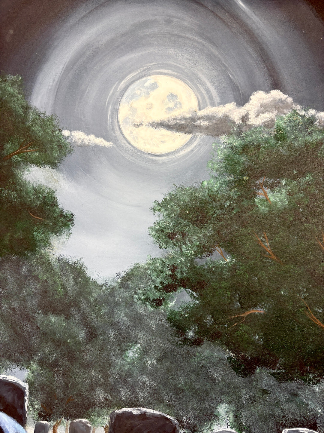 figure man leaning in cemetery  dark gloomy night sad inn greens and black with moon and clouds in acrylic