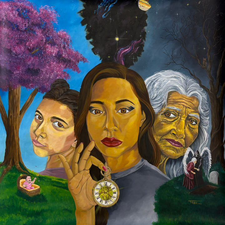 three figures portrait woman aging with clock and changing seasons trees purple green and dark gloomy space stars realism in acrylic