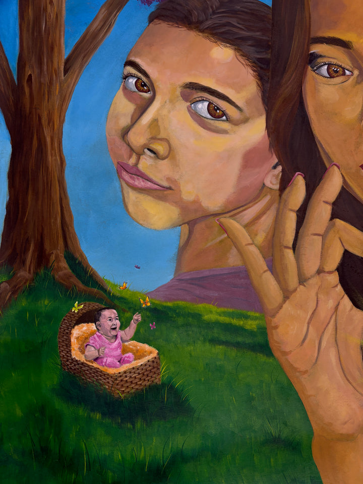three figures portrait woman aging with clock and changing seasons trees purple green and dark gloomy space stars realism in acrylic