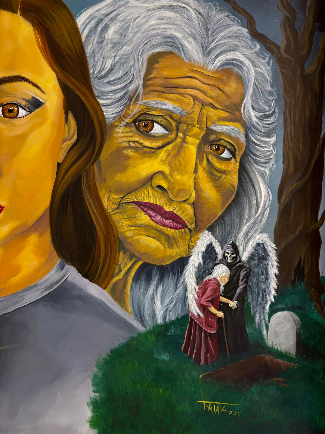 three figures portrait woman aging with clock and changing seasons trees purple green and dark gloomy space stars realism in acrylic