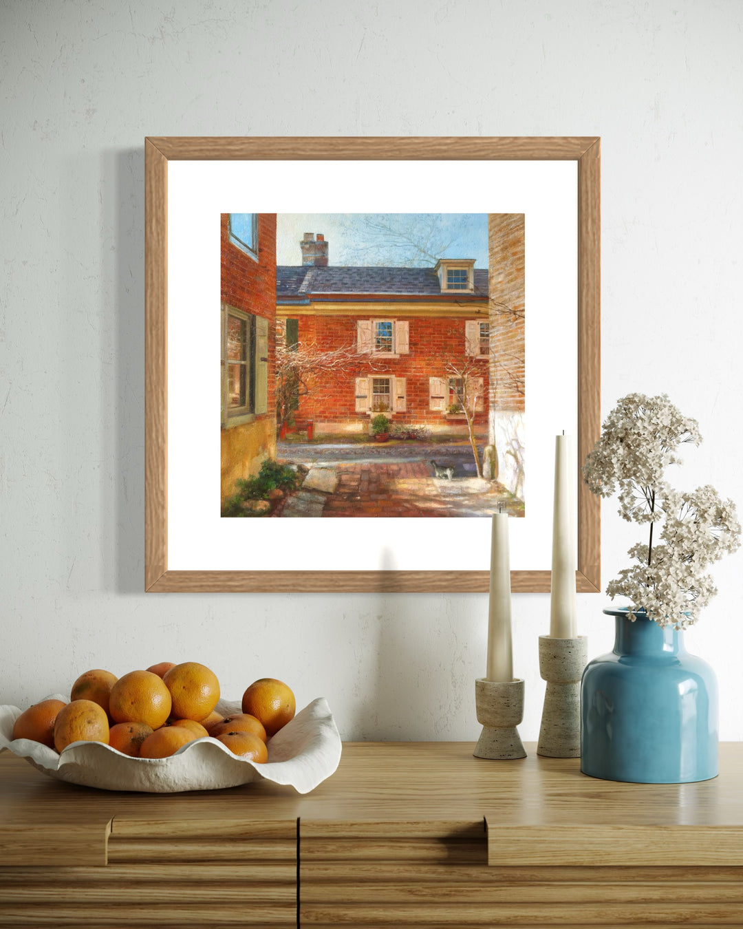 bright brick home alley way with trees blue sky sun shine landscape philadelphia in oil painted landscape realism 