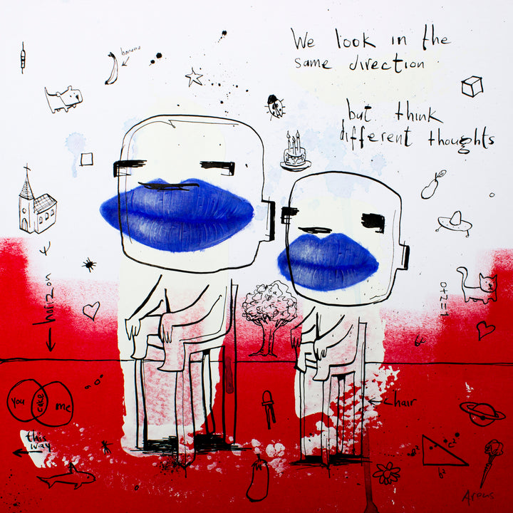 two doodled sketchy characters sitting next to each other, both looking in the same direction with small doodles all over composition, with handwritten text on red and white background
