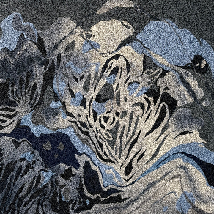 In The Weeds by Erin Touey – abstract oil painting on pumice-primed canvas with linear plant-like forms in blue, gray, black, and cream