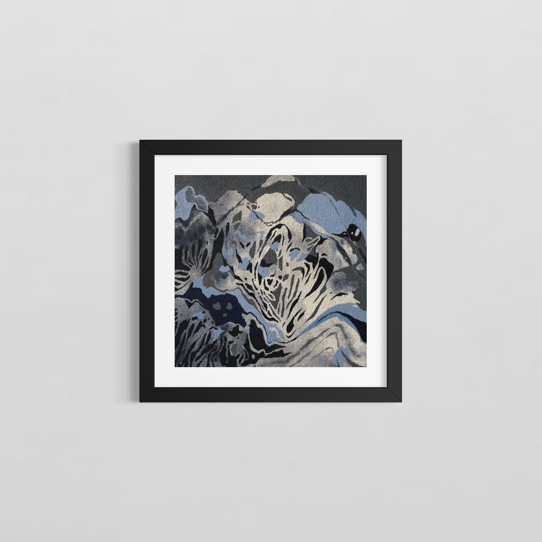 In The Weeds by Erin Touey framed in a black frame with white window matting, showing the blue, gray, and black abstract oil painting