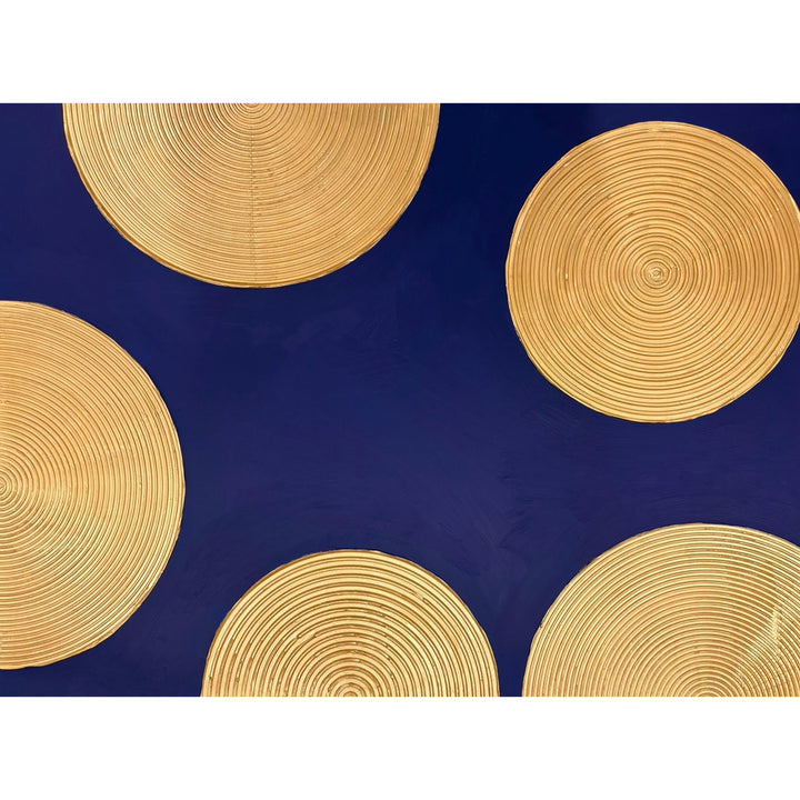 Indigo Awakening I by Lee In Cerulean. Acrylic painting of golden circles with smaller circles inside semi circles half off canvas on dark blue background.