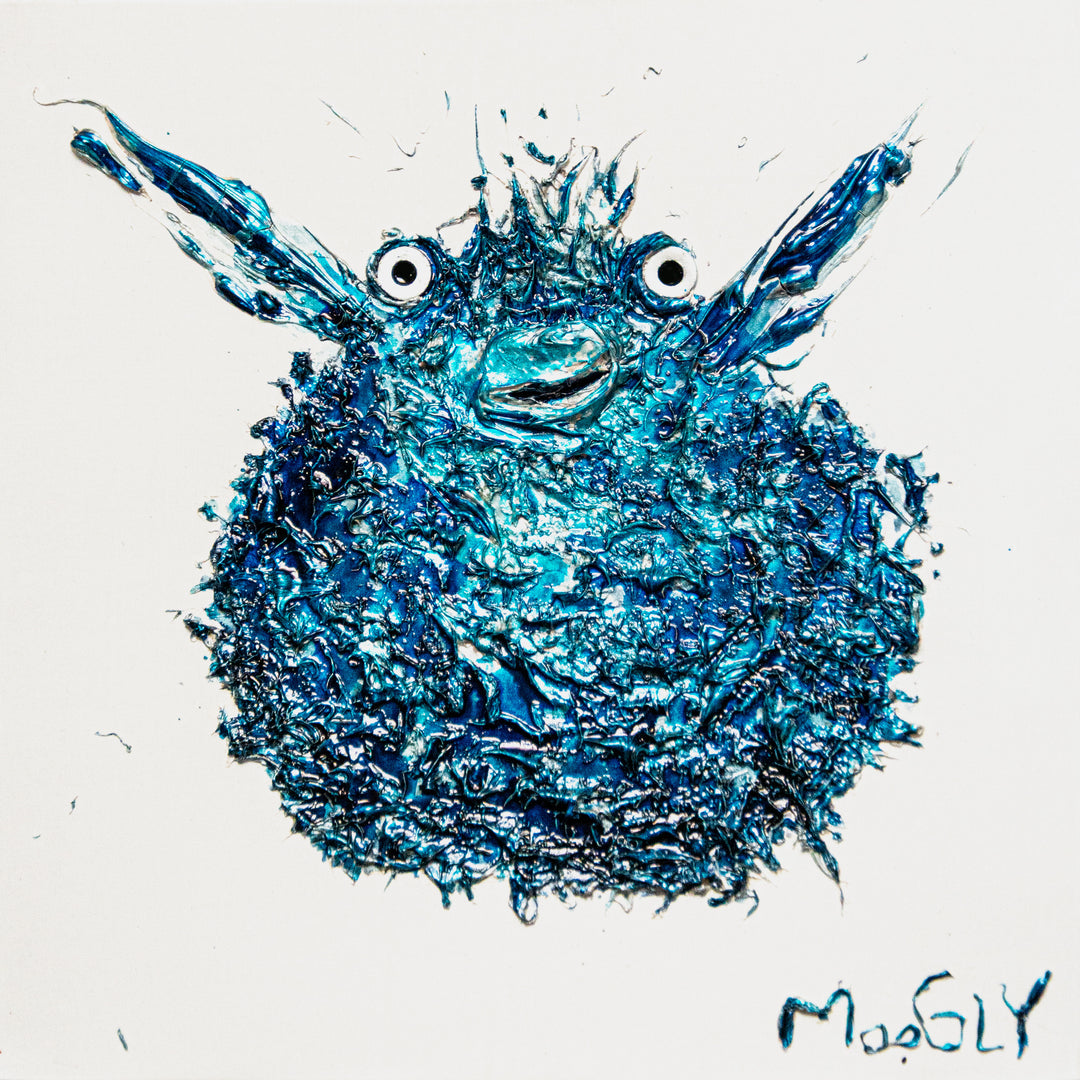 puffer fish fins flapping in bright blue textured ball on white background