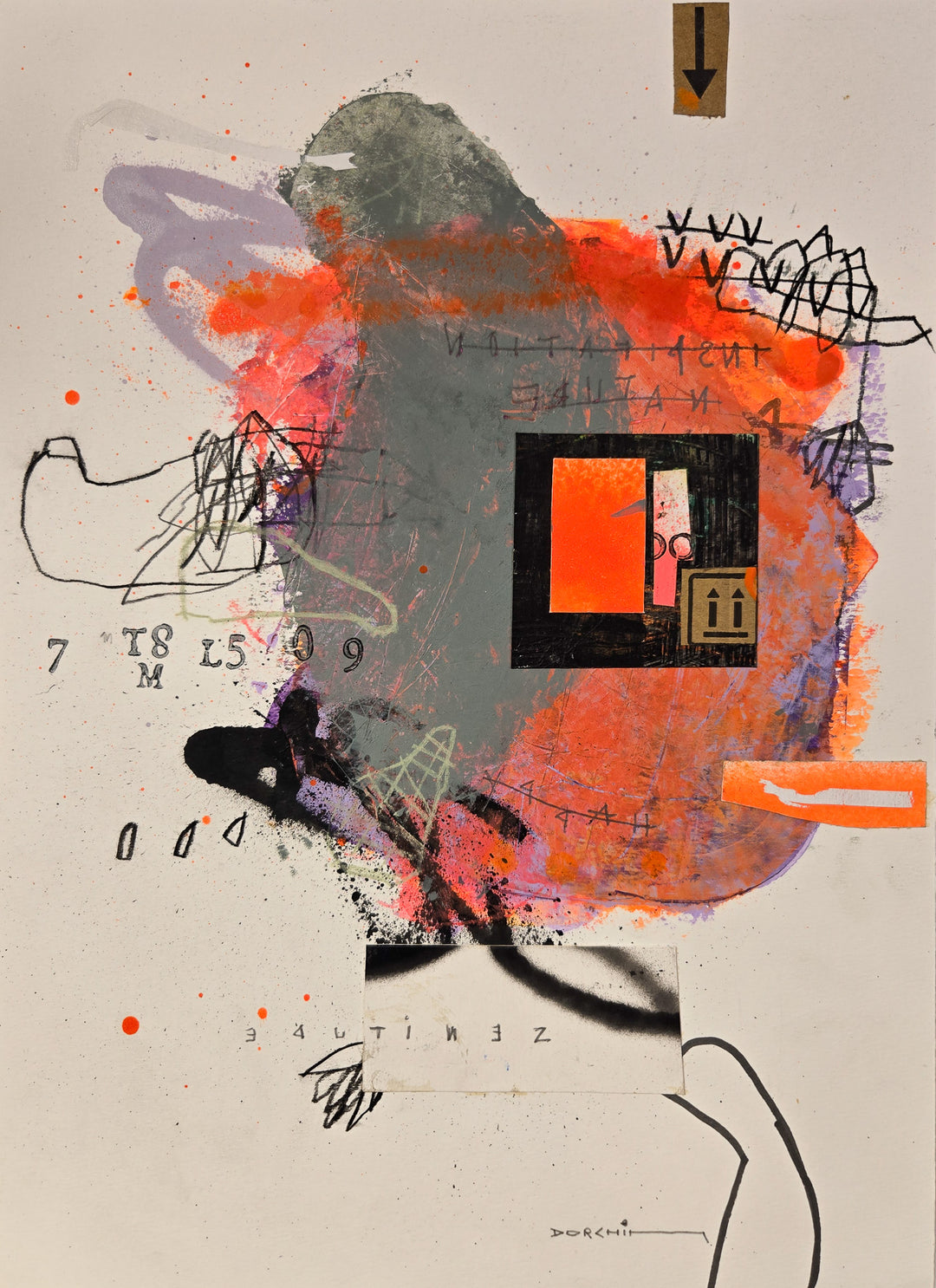 Abstract mixed media artwork on paper by Laurent Dorchin in black, pink, purple, orange, green and white. Organic linework and minimal illustrations with collage and text elements.
