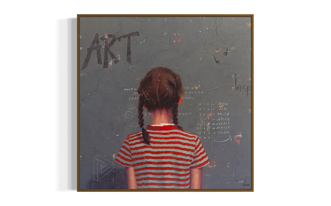 Intelligence Test III oil and acrylic painting by Tomasa Martin of a girl with braids in a striped shirt doing math equations.