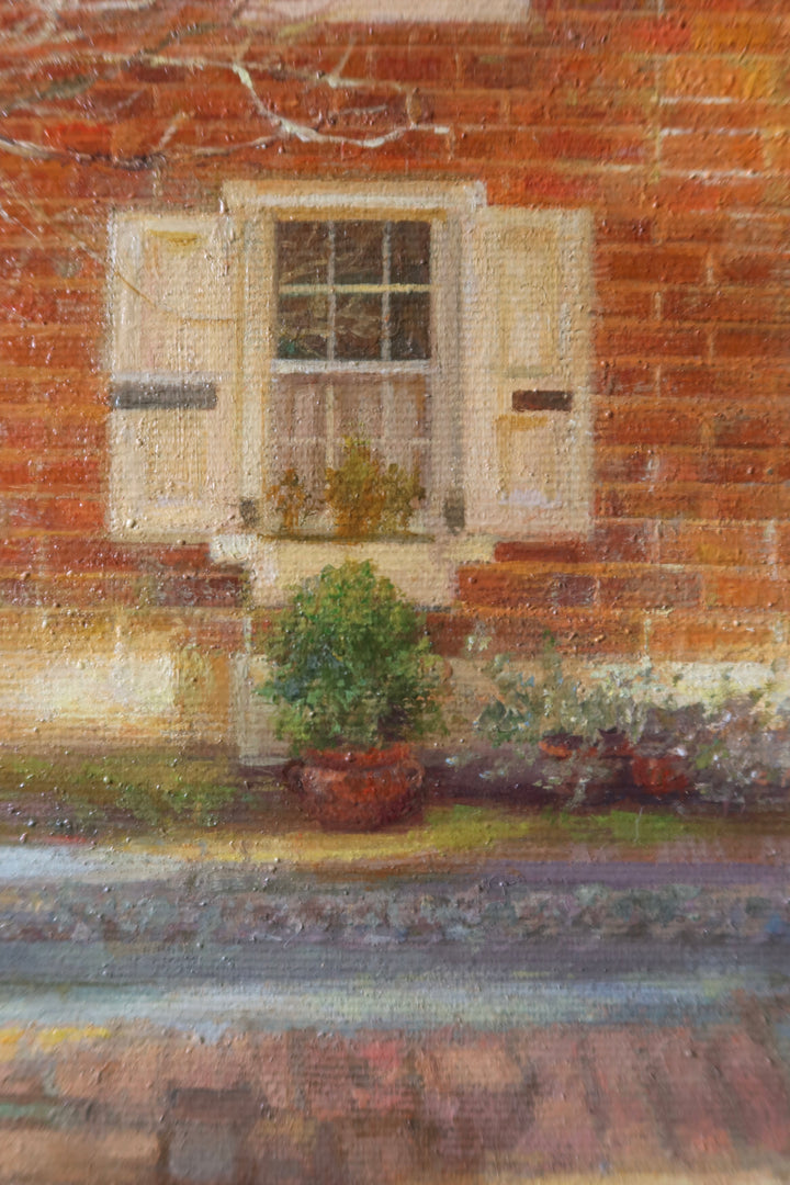 bright brick home alley way with trees blue sky sun shine landscape philadelphia in oil painted landscape realism 