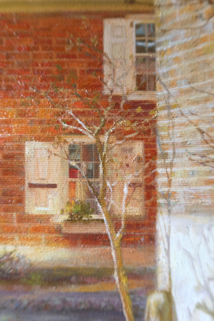 bright brick home alley way with trees blue sky sun shine landscape philadelphia in oil painted landscape realism 