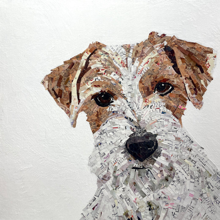 jack russell dog looking at viewer in brown and white made of cut paper magazine collage on white background