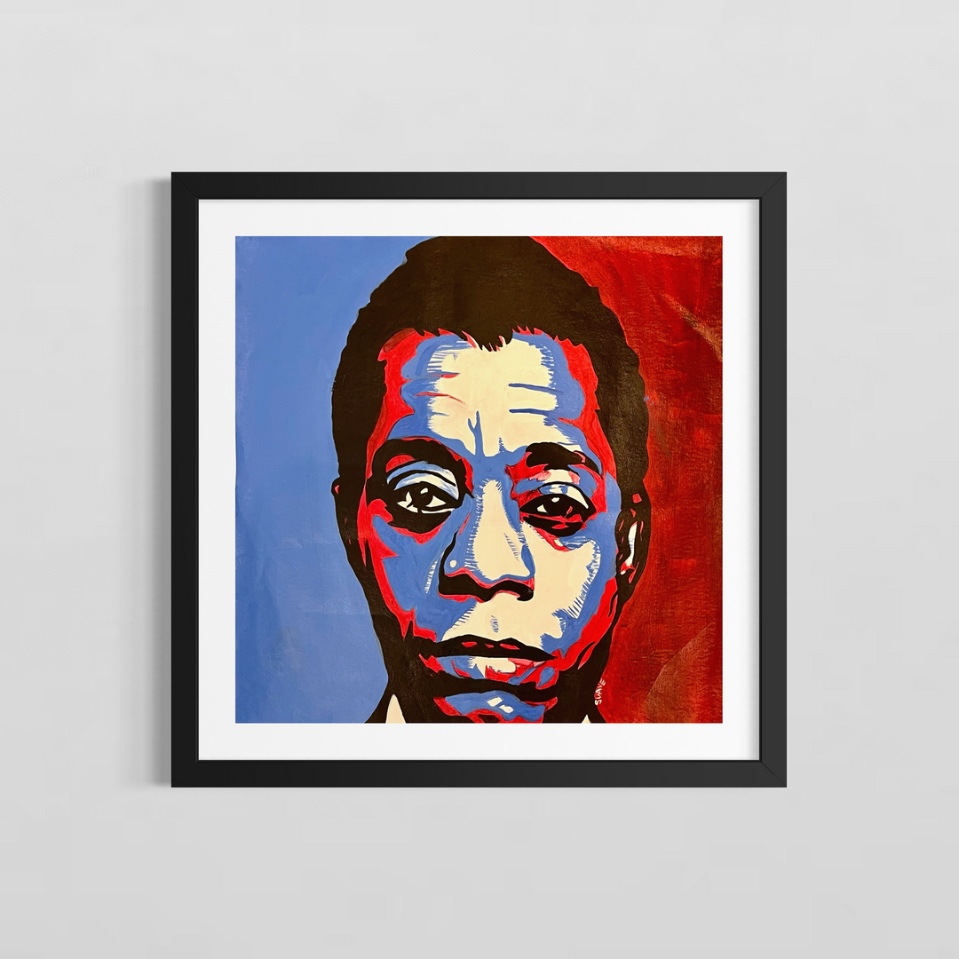 James by Suave Gonzalez — a graphic acrylic portrait with bold red, white, and blue tonal planes, depicting an intense close-up face against a divided blue and red background on canvas. A striking figurative painting presented by Morton Contemporary Gallery.