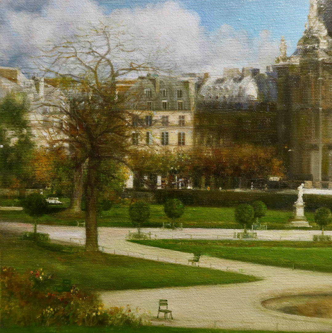 Garden castle landscape with trees benches and pond, cloudy blue sky in oil paint soft realism