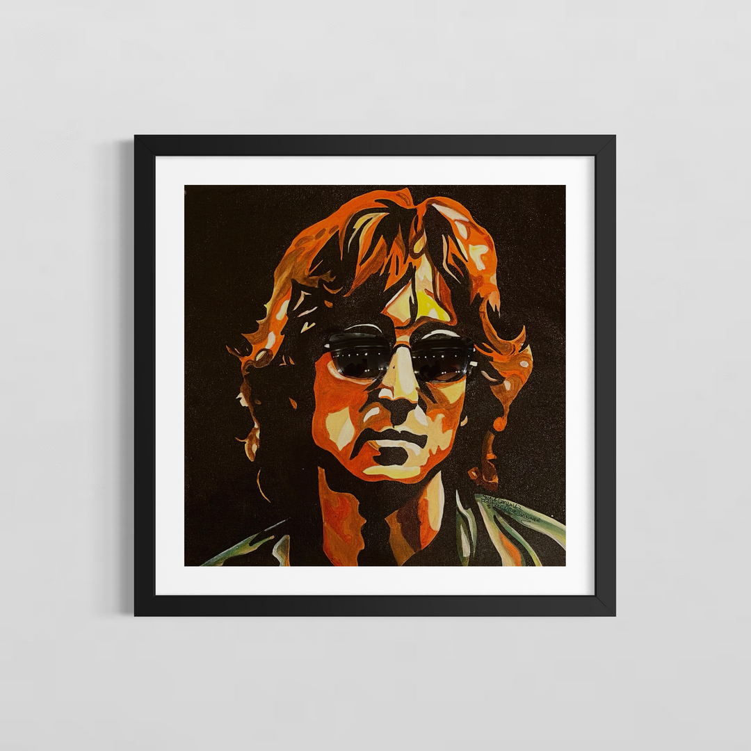 "John Lennon Cool" by US-based artist Suave Gonzalez, an expressive acrylic on canvas portrait of iconic musician and Beatles legend John Lennon, depicted with his signature round dark sunglasses and tousled hair rendered in bold strokes of amber, orange, and brown against a deep black background. The dramatic use of light and shadow captures the timeless intensity and cultural legacy of one of rock and roll&
