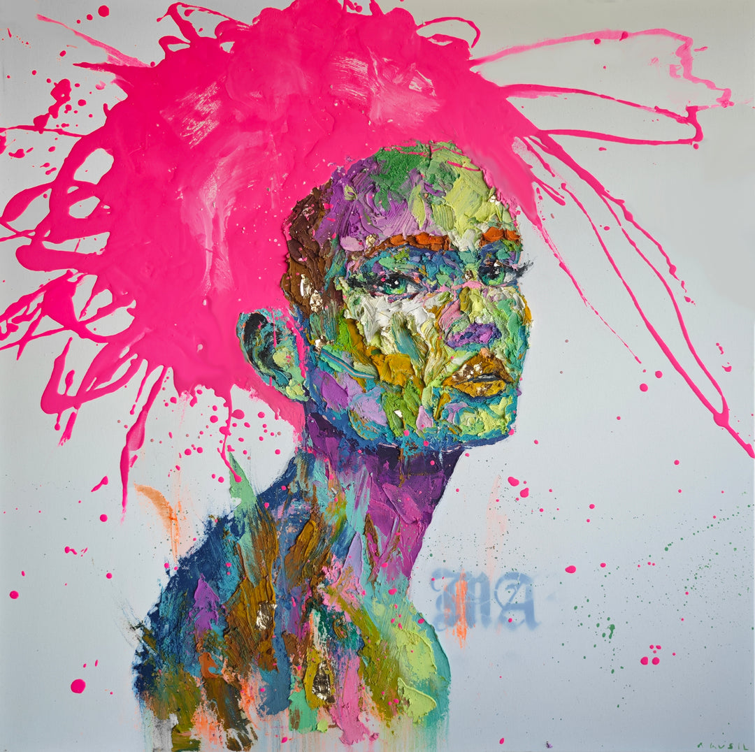 a multicolored womans portrait with green eyes in a thick palette knife expressionist style with gold foil and pink splatter hair on a gray background with some graffiti lettering