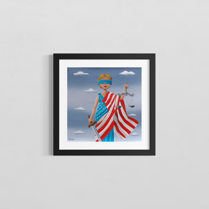 "Justice is USA" by Italian artist Carlo Trevisan — an oil painting on canvas depicting Lady Justice draped in the American flag, blindfolded in teal, holding scales of justice and a sword against a cloud-filled blue sky. The bold, graphic composition merges the classical symbol of justice with American patriotism and identity. Original contemporary American Justice pop art painting on canvas available at Morton Contemporary gallery.