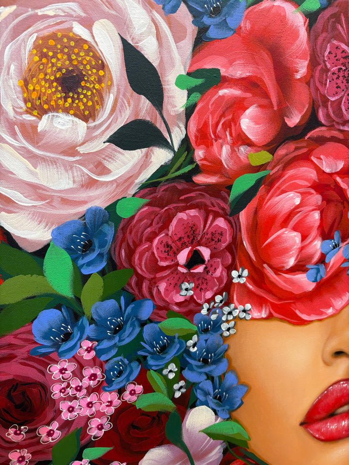 realism female portrait floral flowers leaves surrounding composition in acrylic on canvas in red purple and pink