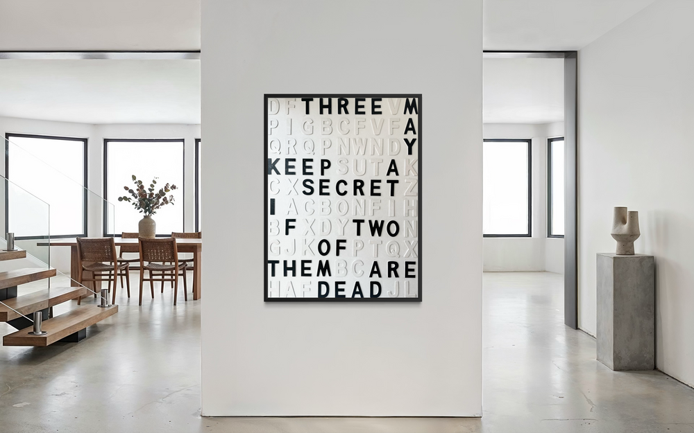 Contemporary 3D text artwork by Chicago artist Steffanie Gerkin titled Keep A Secret 3D, featuring raised black and white wood letters arranged in a structured alphabet grid on a white canvas. The typographic composition spells “Keep a Secret,” “Three May,” and “Two of Them Are Dead,” creating a bold monochrome mixed-media wall art piece with graphic, conceptual, and pop art qualities.