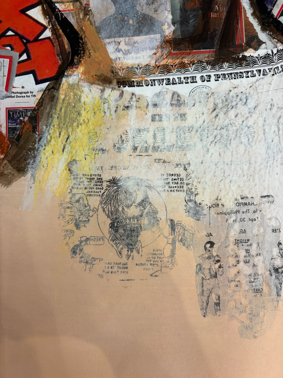 Angled detail of Keys of Free by Keith Andrews, showing collaged black-and-white printed documents, including a header reading "Commonwealth of Pennsylvania," fading into the peach background.