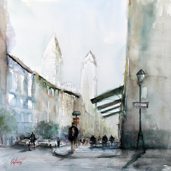 sidewalk scene in washy watercolors of grey and blue, street lamp and skyscrapers in background