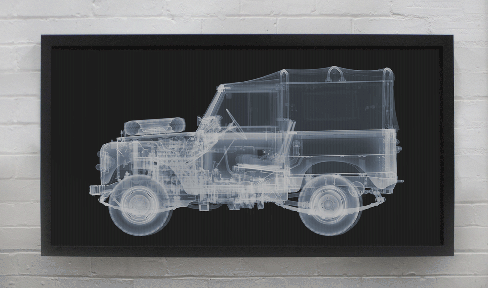 x-ray skeleton car mechanical surfboard dog on black background