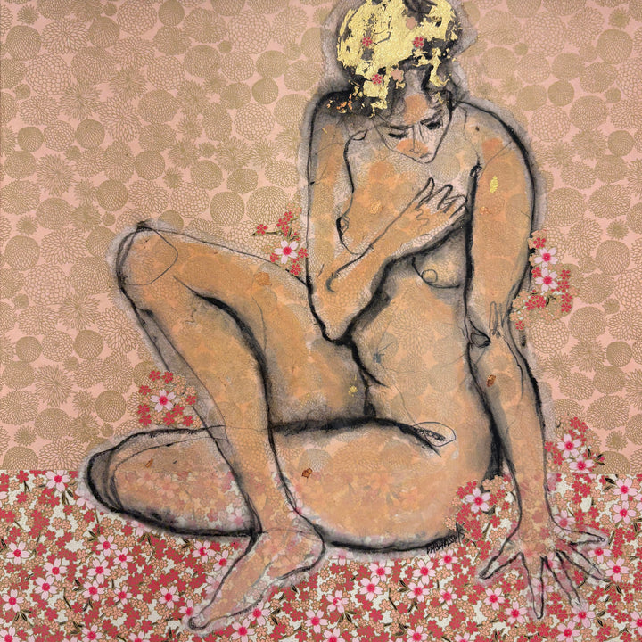 front sitting view of a female nude in charcoal and gold leaf on pink Japanese floral paper