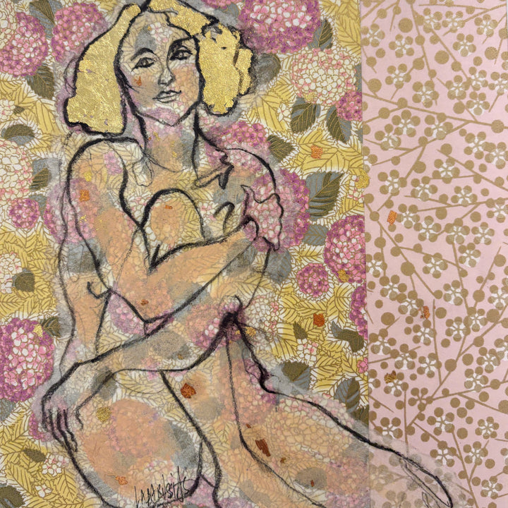 sitting female figure in charcoal and gold leaf on floral pink Japanese art paper