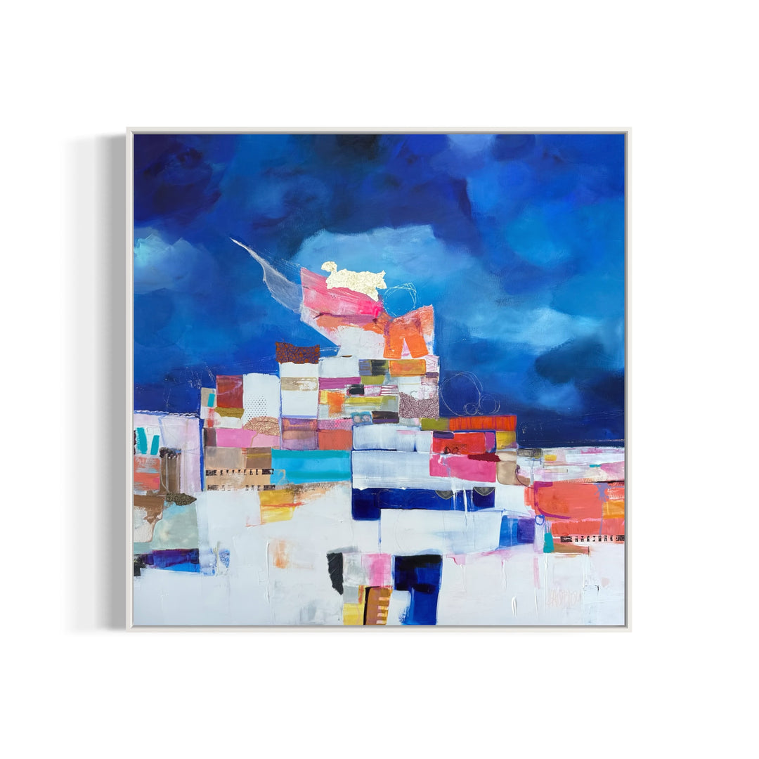 collage of paint fabric foil shapes built up in mountainous form in white pinks and orange on bright blue cloudy background abstract collage patterns 