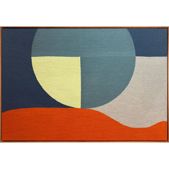 chain stitched embroidery fabric textile framed geometric abstraction blue green orange shapes negative space