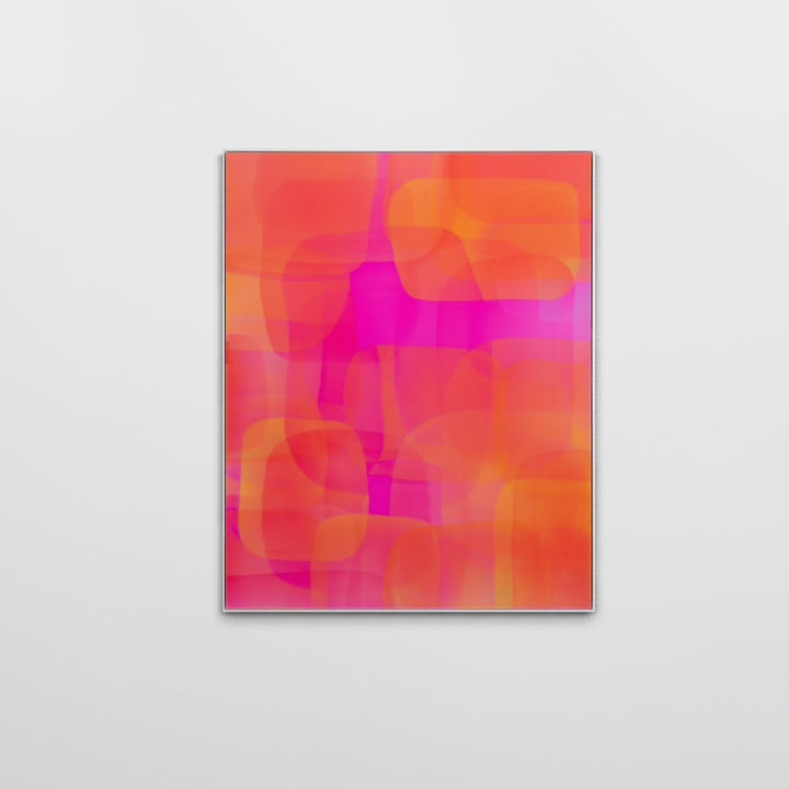 Geometric Abstract layering of transparent resin colors of red orange with pink in organic rectangular square shapes overlapping 