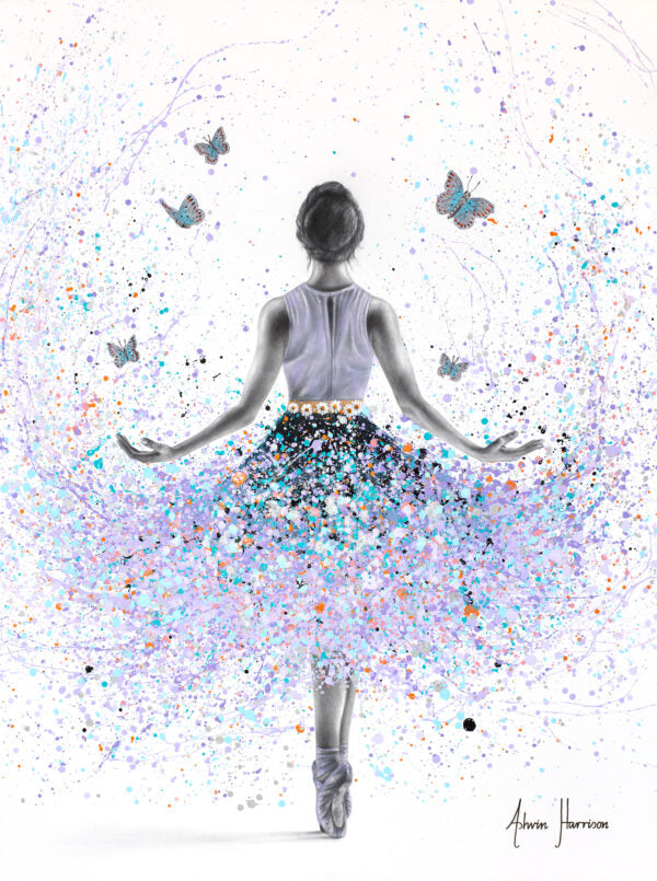butterfly ballerina splatter paint expressionism in purple and blue on white background with lack and white figure
