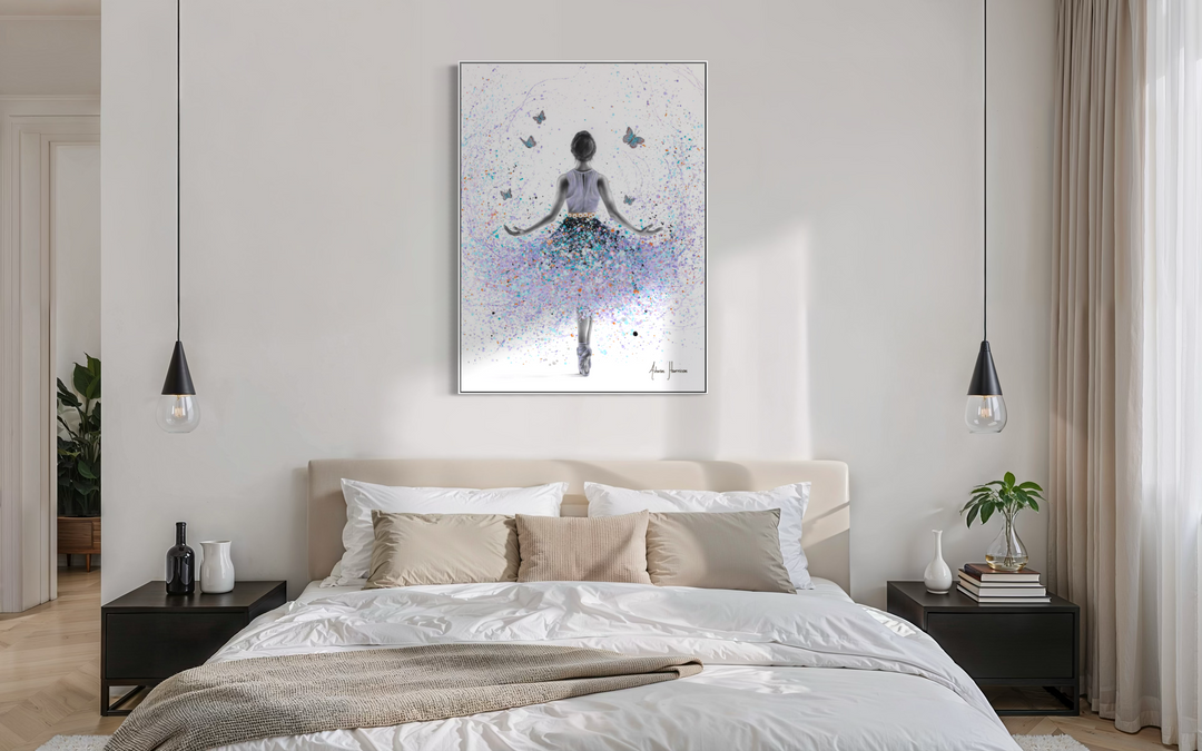butterfly ballerina splatter paint expressionism in purple and blue on white background with lack and white figure