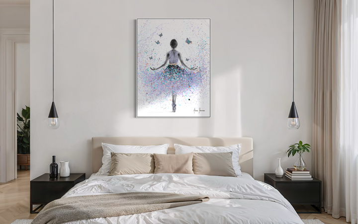 butterfly ballerina splatter paint expressionism in purple and blue on white background with lack and white figure