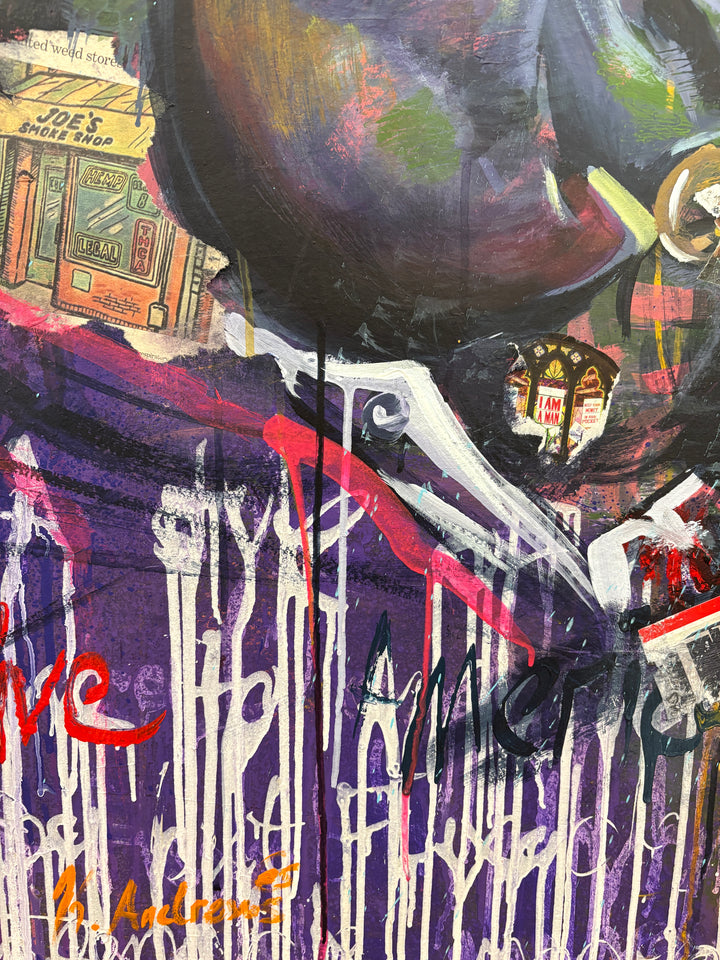 Figurative portrait black man playing trumpet music expressive dripping paint tin yellow purple and green text mixed media